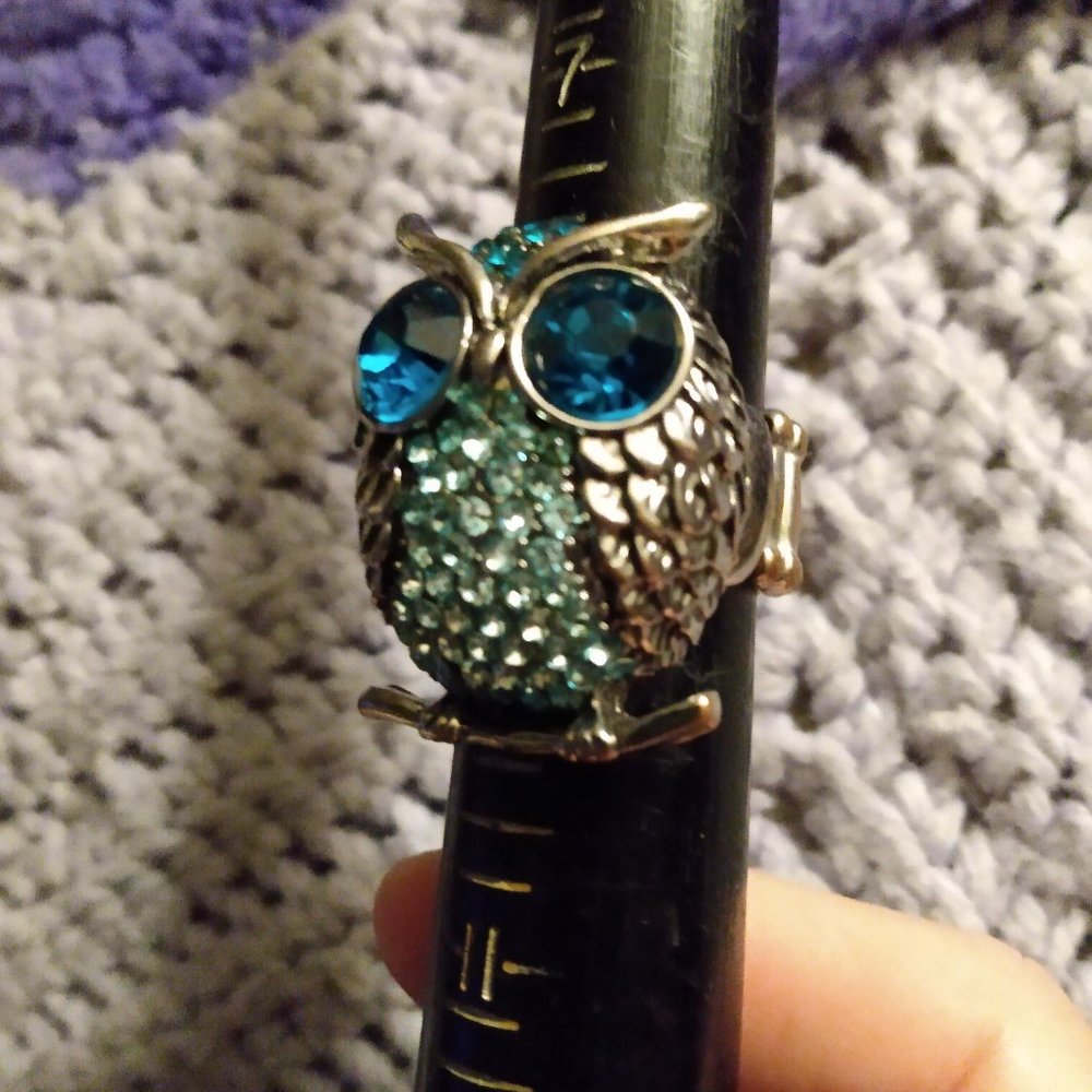 Blue Eyed Rhinestone Owl ring with diamond rhinestone stretch ring